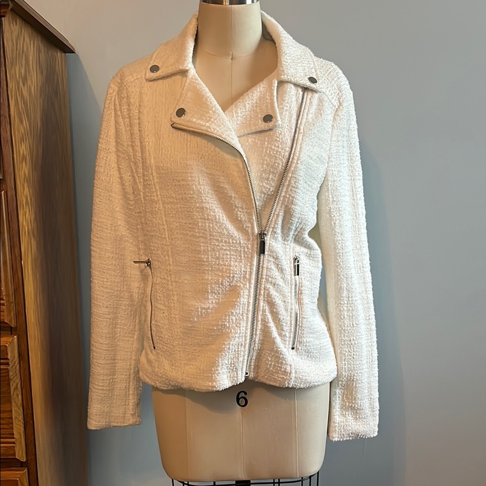 Nine West Cream Teddy Jacket Asymmetrical Zipper Notched Lapel
